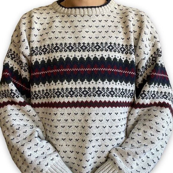 Vintage 90s Unisex Fair Isle Geometric Cotton Retro Ski Grandpa Sweater Sz L - Picture 2 of 7